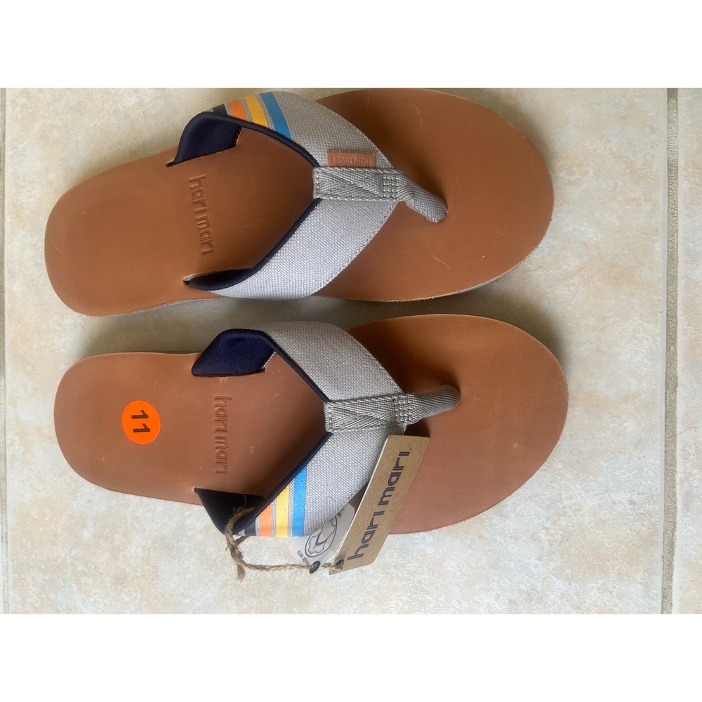 Hari Mari Flip Flops Mens Size 11 Tan Leather Straps Rainbow Detail